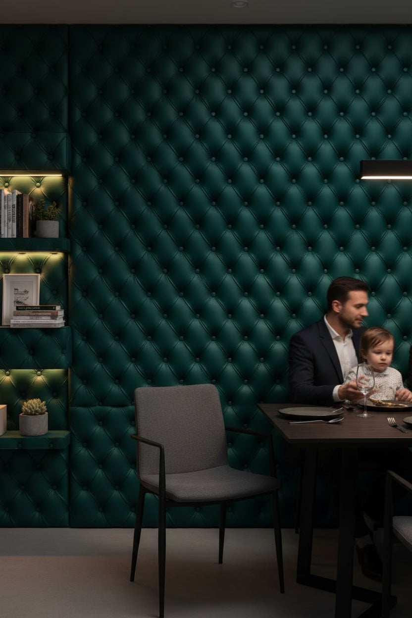 Kapitoneli Deri Desenli Duvar Kağıdı Koyu Yeşil Salon