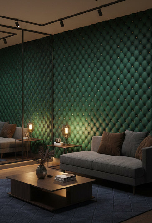 Kapitoneli Deri Görünümlü Duvar Kağıdı Zümrüt Yeşil Salon