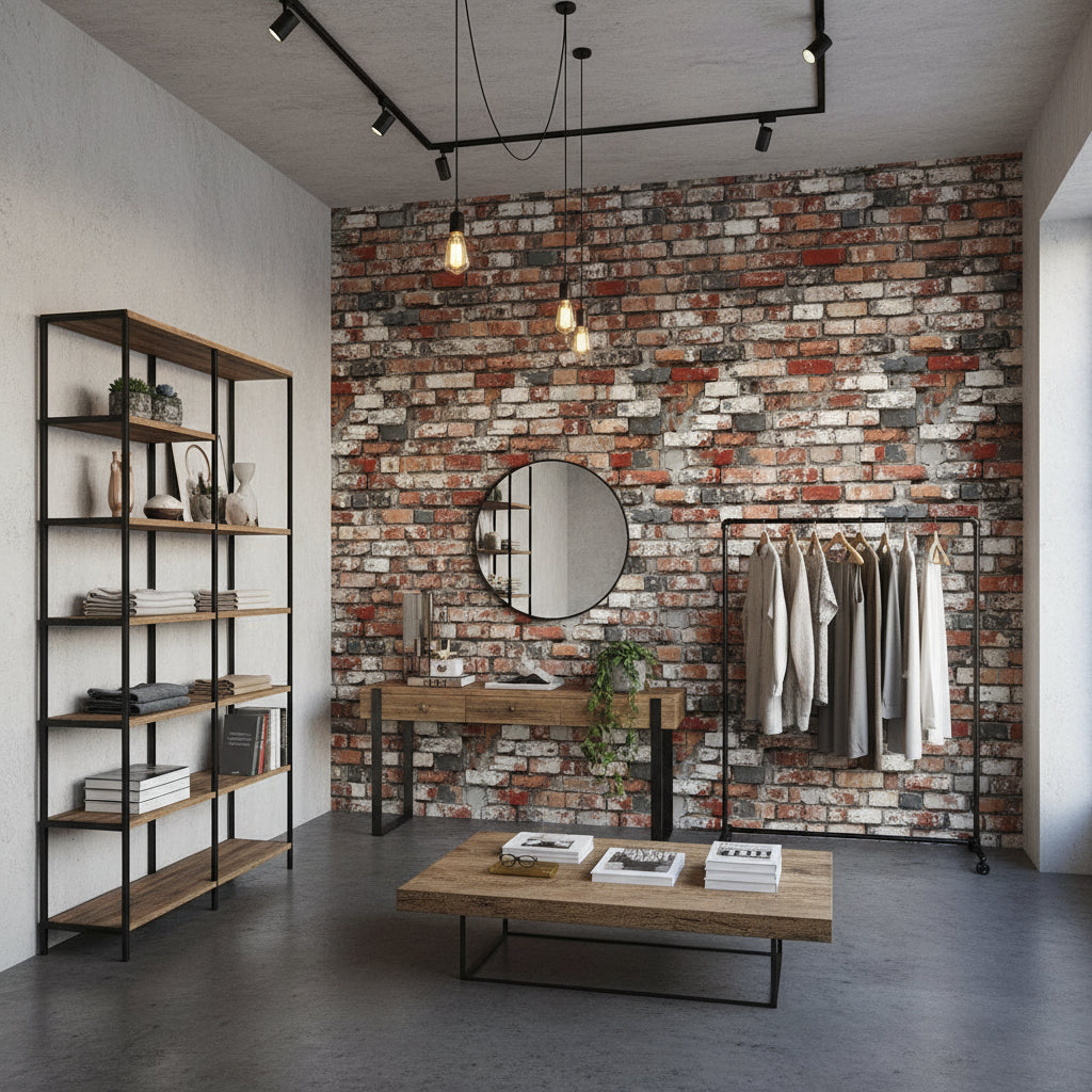 Endüstriyel Tuğla Desenli Duvar Kağıdı Kırmızı Gri Salon