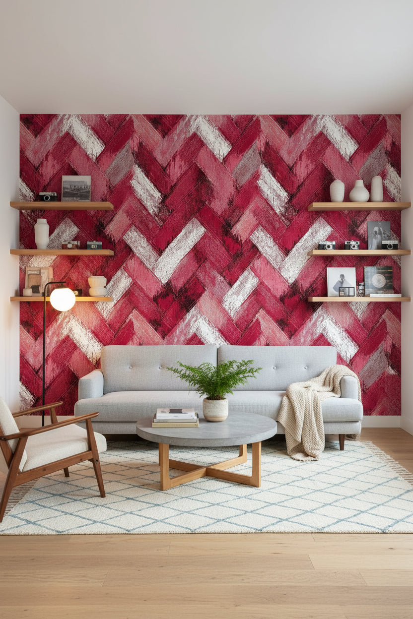 Bordo Zikzak Desenli Duvar Kağıdı Modern Salon