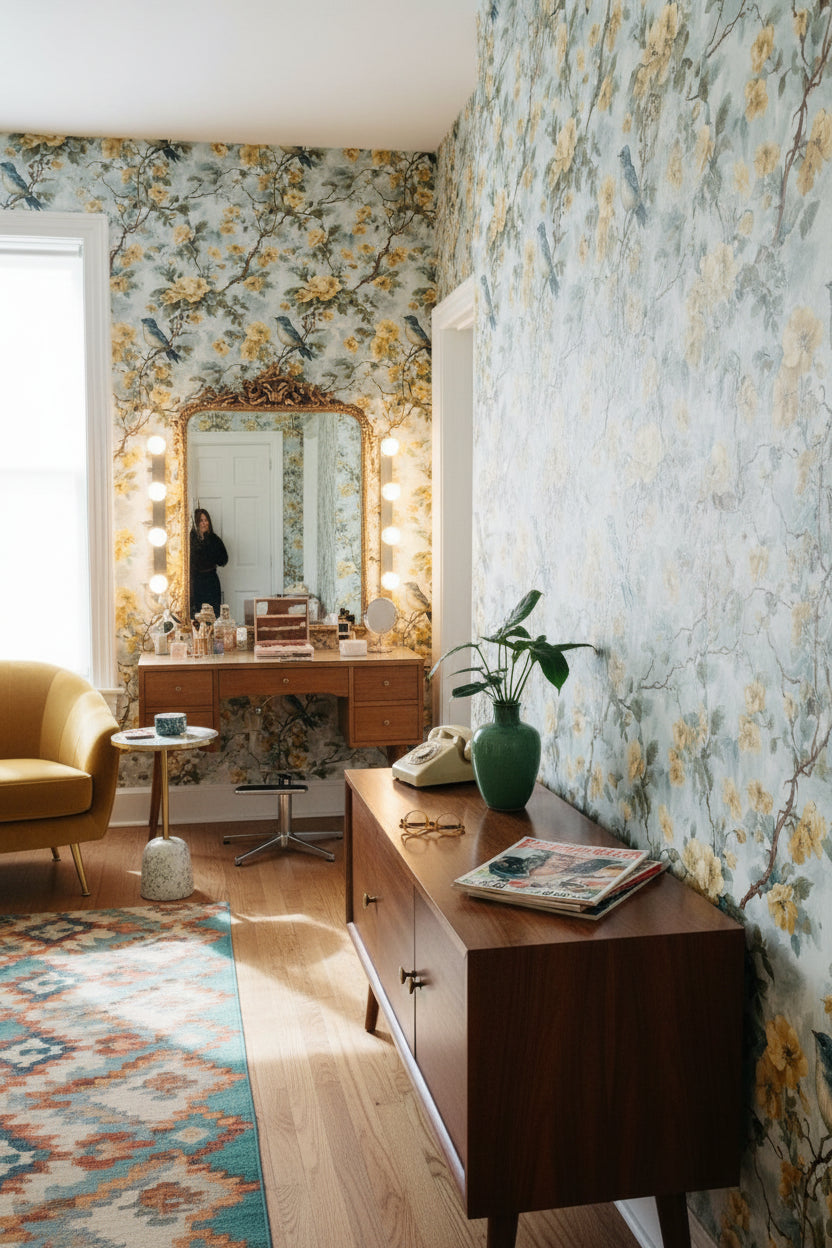 Sarı Çiçekli Kuş Desenli Duvar Kağıdı Salon