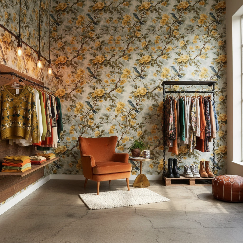 Sarı Çiçekli Kuş Desenli Duvar Kağıdı Salon