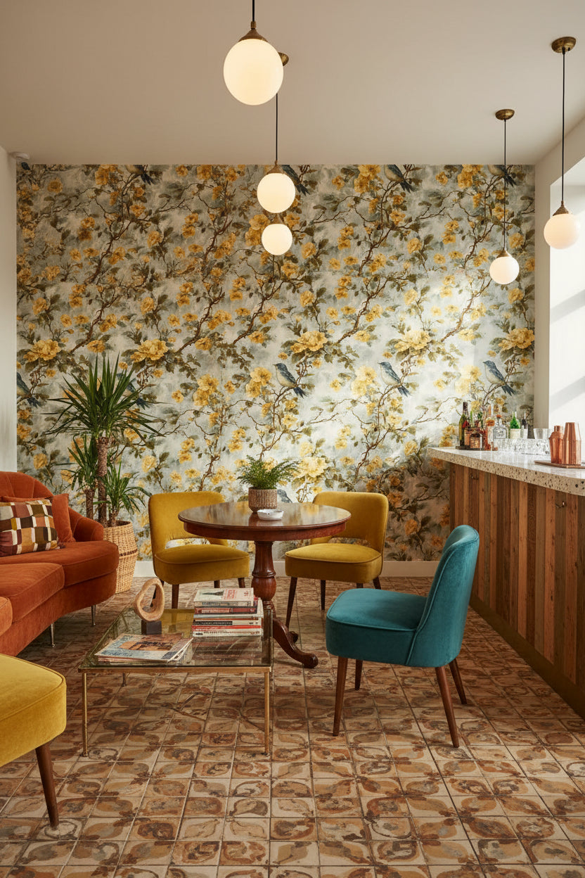 Sarı Çiçekli Kuş Desenli Duvar Kağıdı Salon