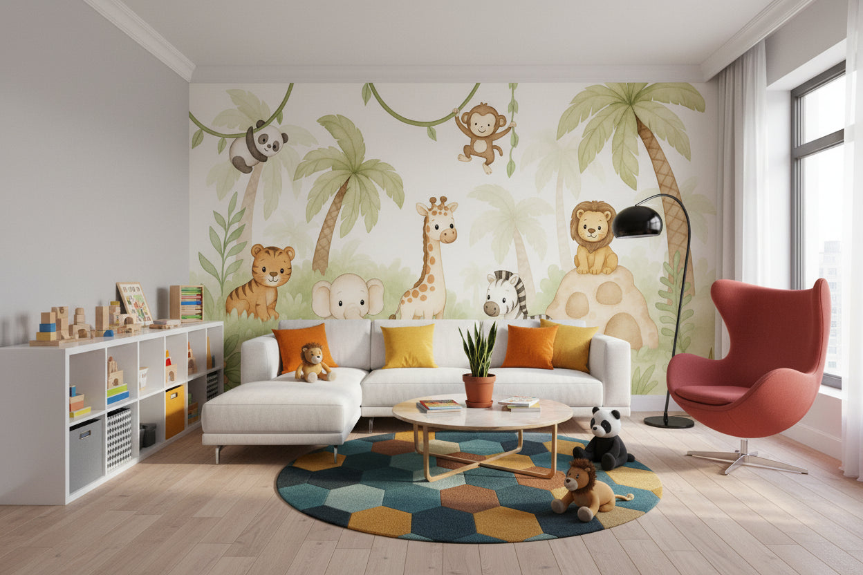 Safari Hayvanlı Poster Duvar Kağıdı Pastel Yeşil Çocuk Odası