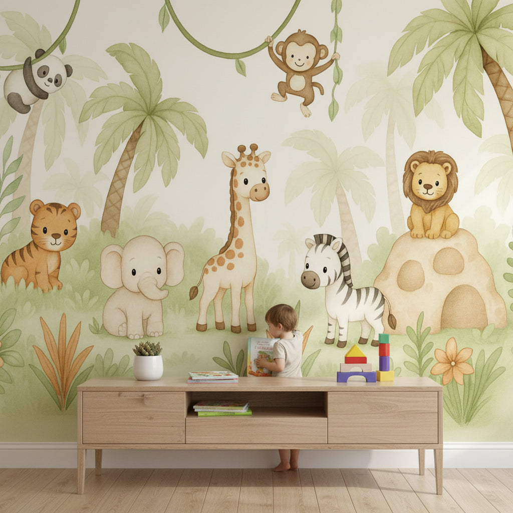 Safari Hayvanlı Poster Duvar Kağıdı Pastel Yeşil Çocuk Odası