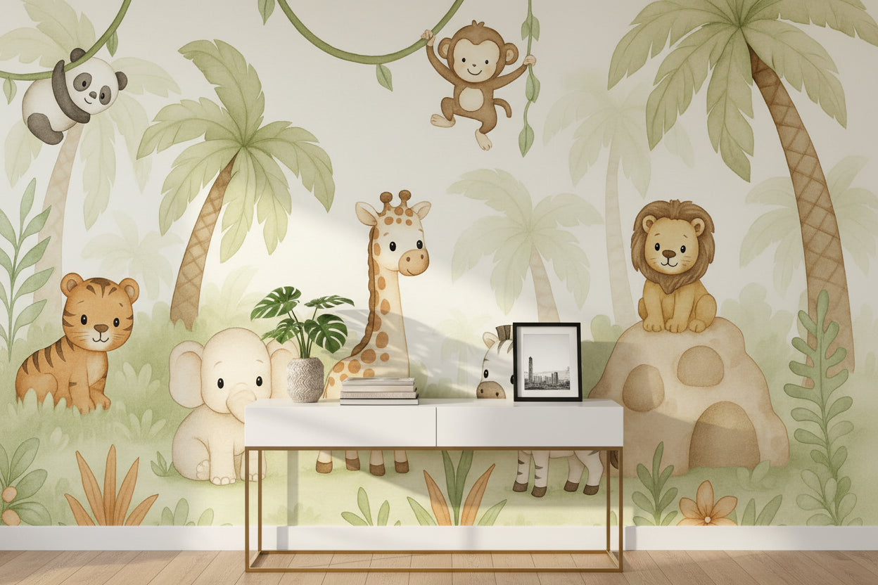 Safari Hayvanlı Poster Duvar Kağıdı Pastel Yeşil Çocuk Odası