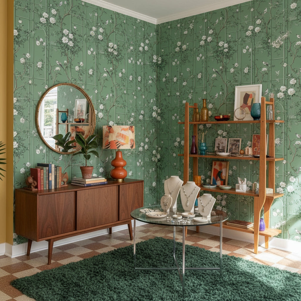 Kuşlu Çiçekli Duvar Kağıdı Yeşil Vintage Salon Deseni