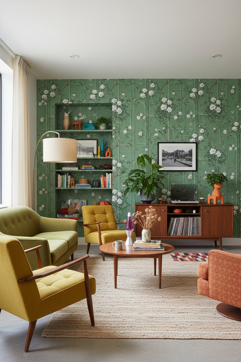 Kuşlu Çiçekli Duvar Kağıdı Yeşil Vintage Salon Deseni