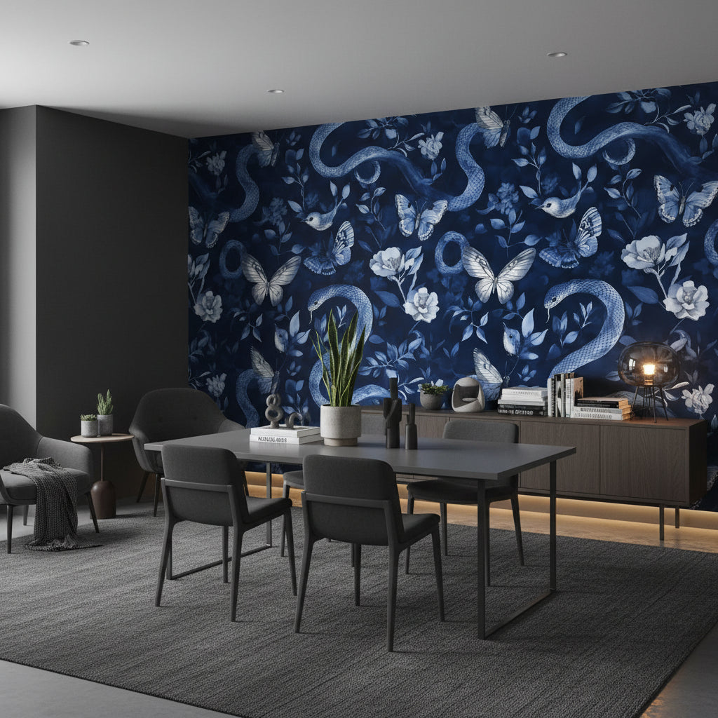 Yılan ve Kelebek Desenli Duvar Kağıdı Lacivert Salon