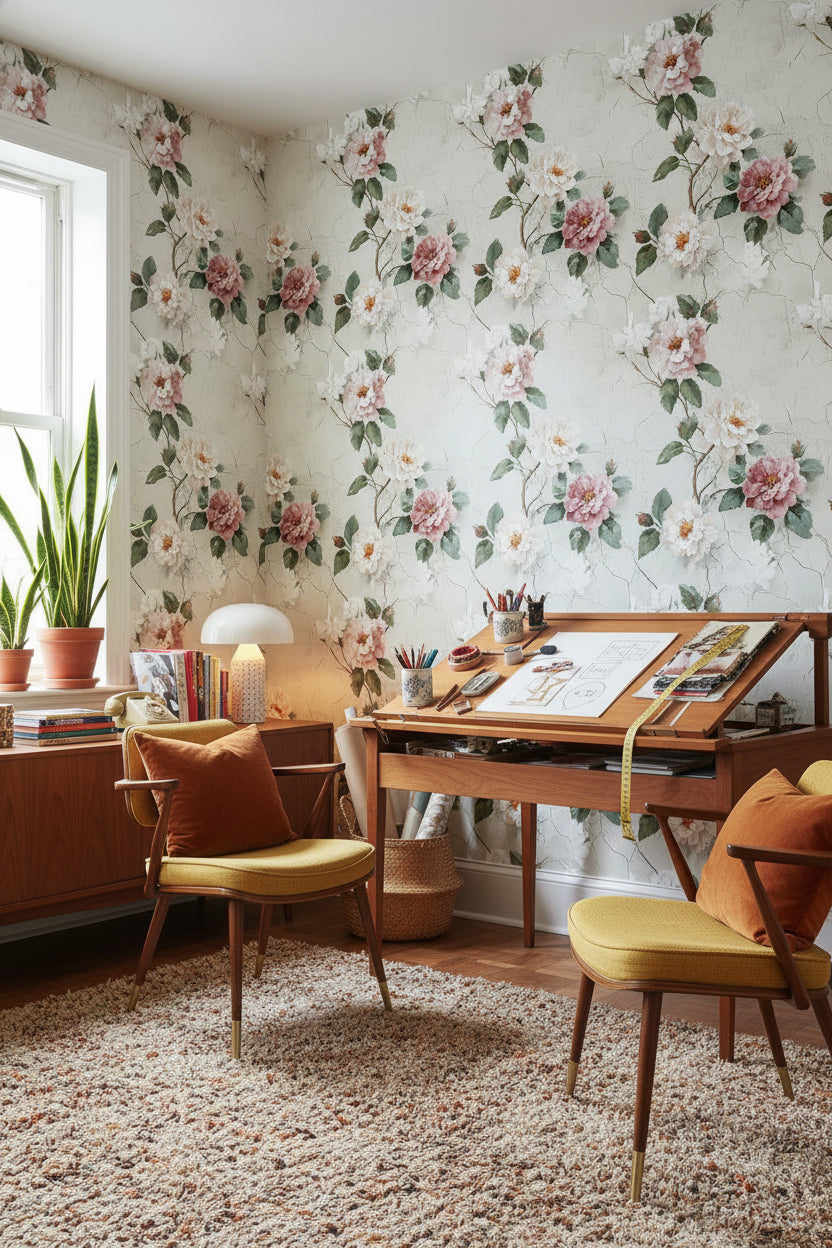 Vintage Güllü Duvar Kağıdı Krem Zemin Salon