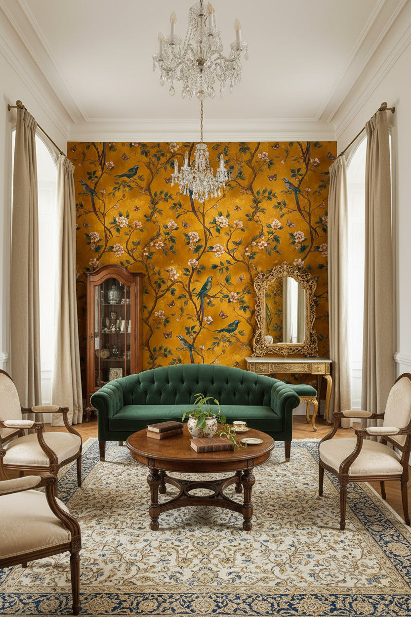 Kuş ve Çiçek Desenli Duvar Kağıdı Sarı Vintage Salon