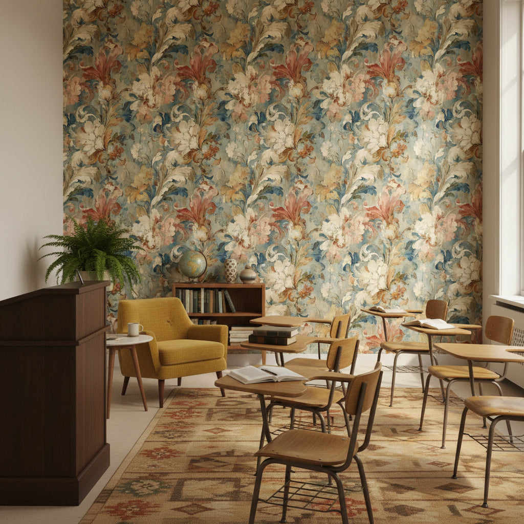 Vintage Çiçekli Duvar Kağıdı Pastel Mavi Salon Duvar Dekoru