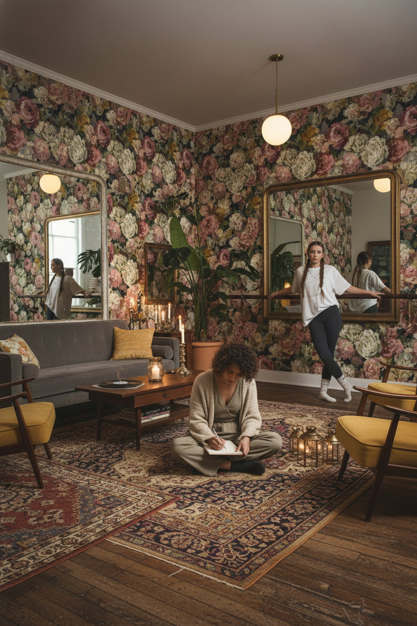 Vintage Güllü Duvar Kağıdı Pastel Pembe Krem Salon Dekoru