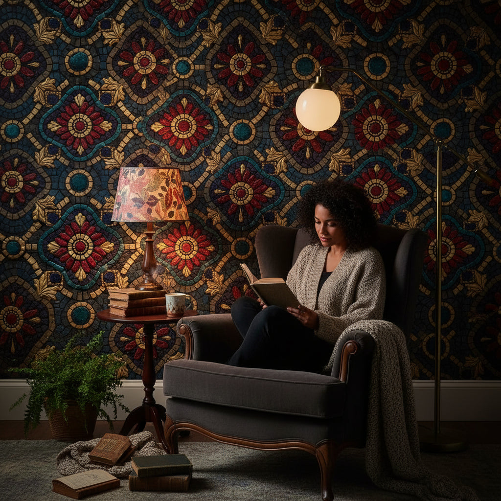 Mozaik Çiçek Desenli Duvar Kağıdı Lacivert Kırmızı Salon