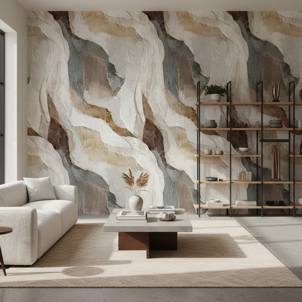 Soyut Mermer Desenli Duvar Kağıdı Bej Gri Modern Salon