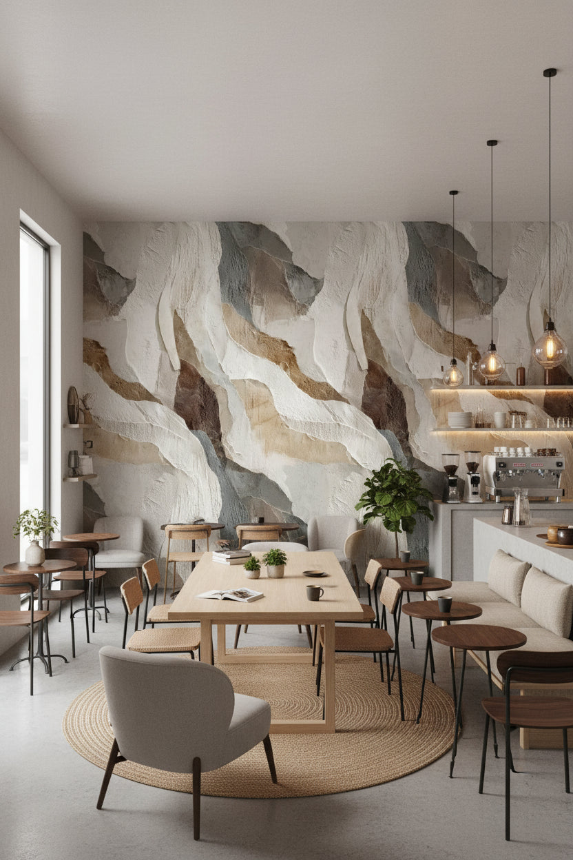 Soyut Mermer Desenli Duvar Kağıdı Bej Gri Modern Salon