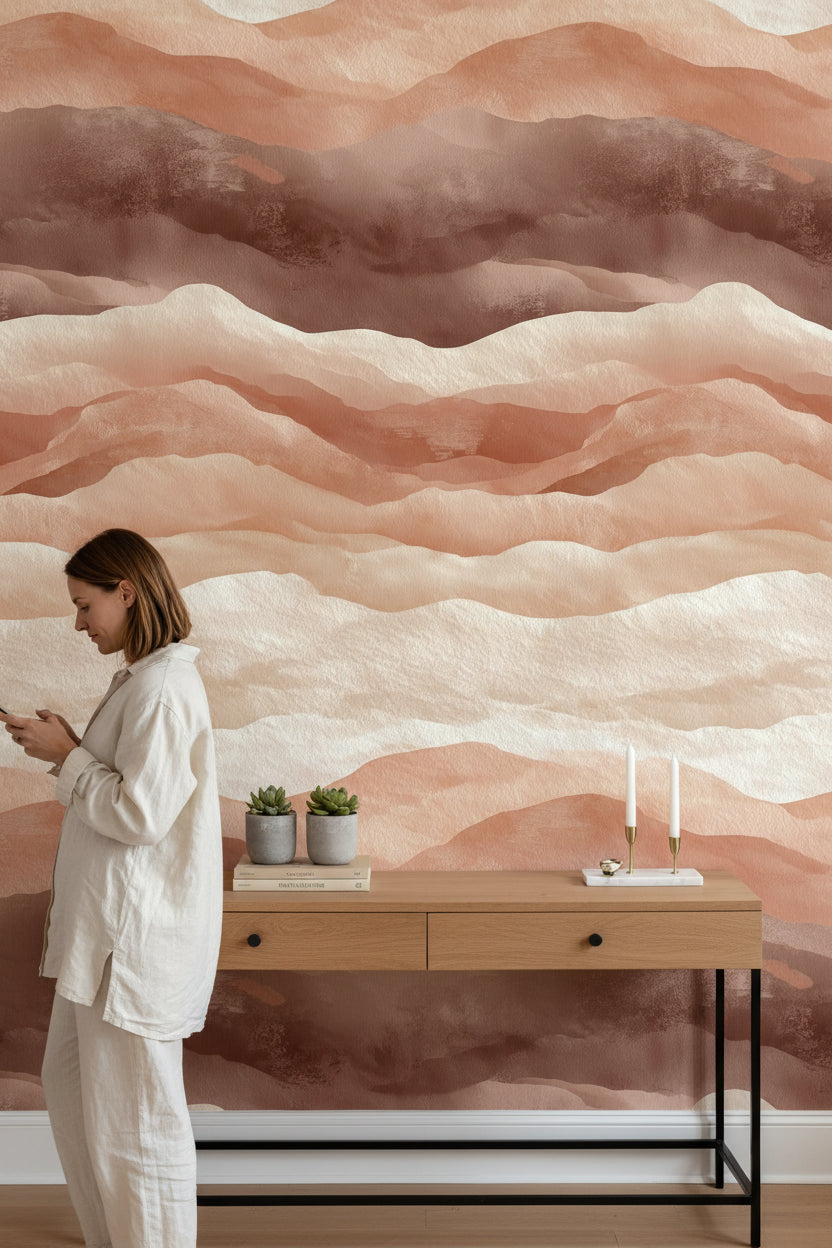 Soyut Dalga Desenli Duvar Kağıdı Terracotta Bej Salon Duvarı