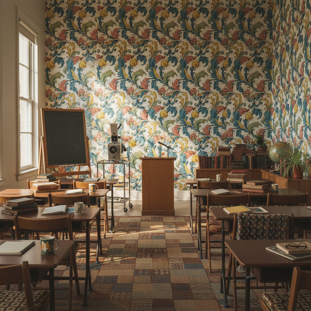 Vintage Yaprak Desenli Duvar Kağıdı Mavi Sarı Salon