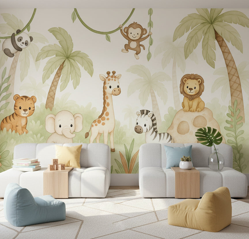 Safari Hayvanlı Poster Duvar Kağıdı Pastel Yeşil Çocuk Odası