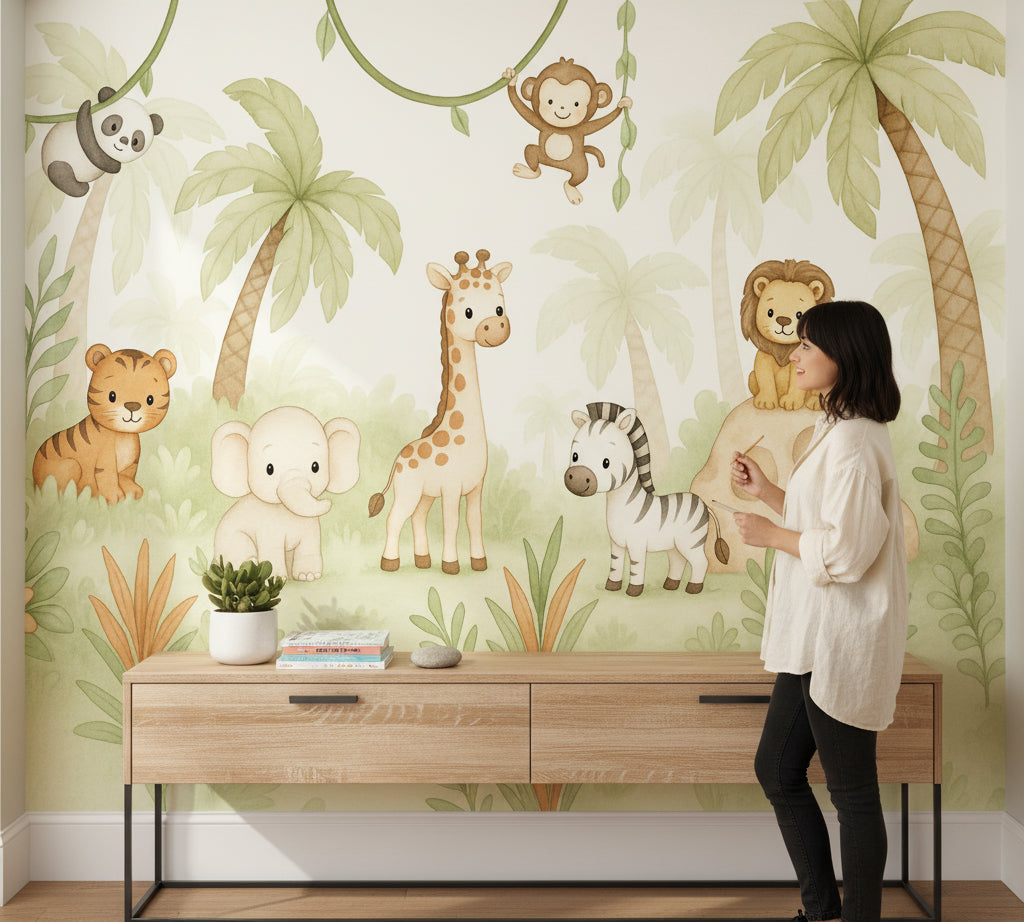 Safari Hayvanlı Poster Duvar Kağıdı Pastel Yeşil Çocuk Odası