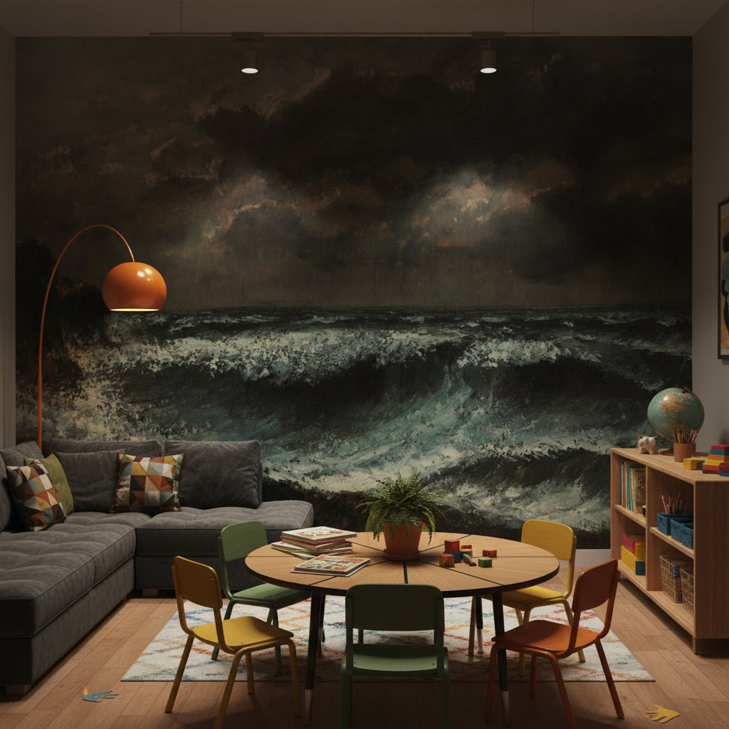 Fırtınalı Deniz Manzaralı Poster Duvar Kağıdı Koyu Ton Salon