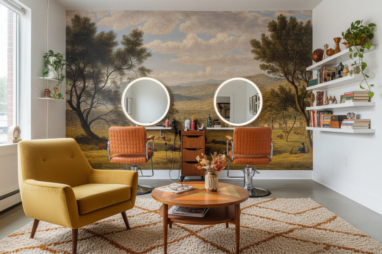 Kır Manzaralı Poster Duvar Kağıdı Bej Tonlarda Vintage Salon