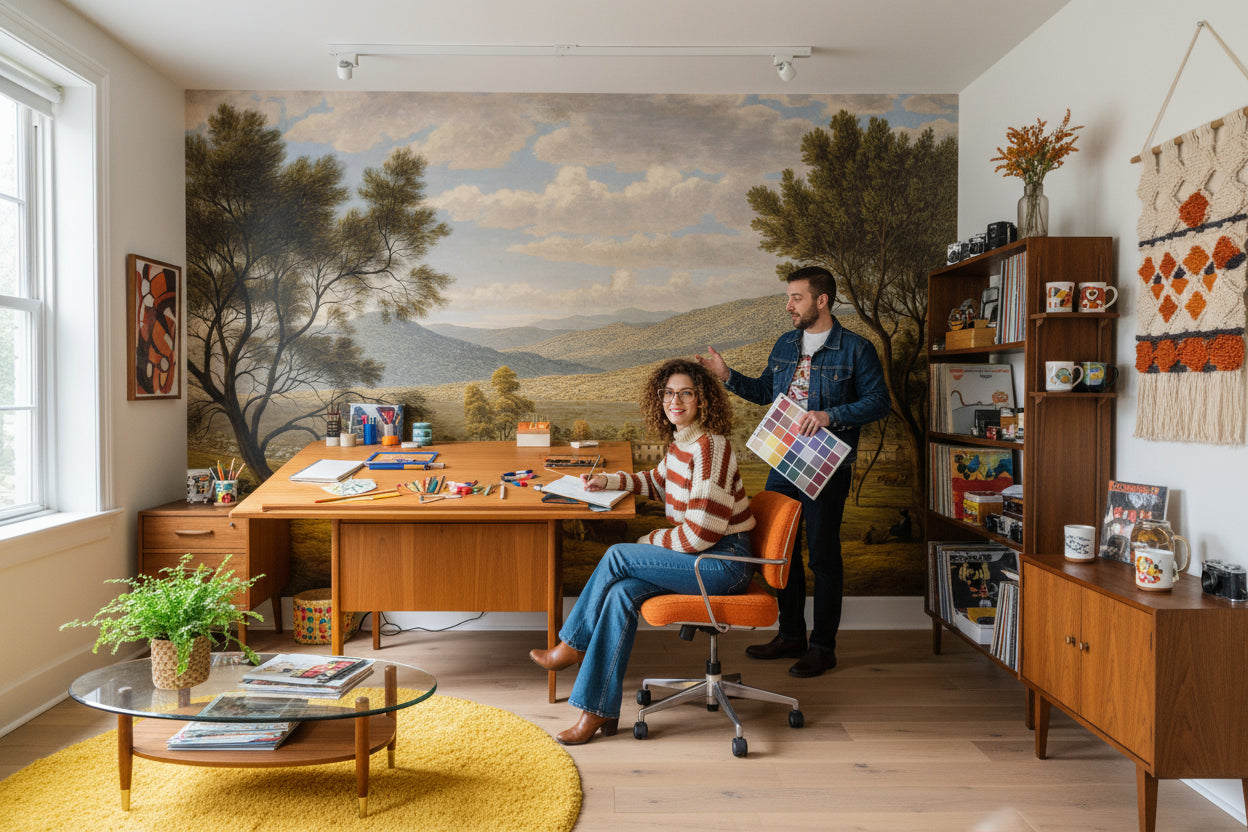 Kır Manzaralı Poster Duvar Kağıdı Bej Tonlarda Vintage Salon