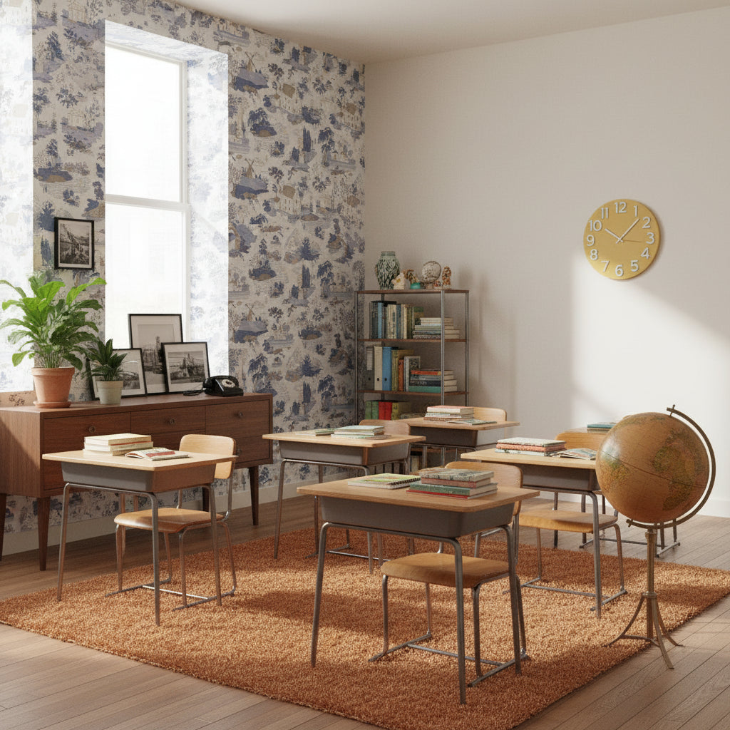 Pastoral Köy Manzaralı Duvar Kağıdı Mavi Beyaz Salon