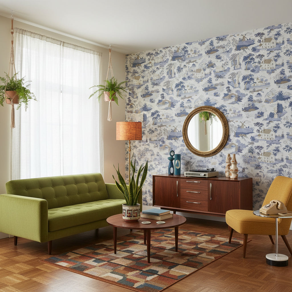 Pastoral Köy Manzaralı Duvar Kağıdı Mavi Beyaz Salon