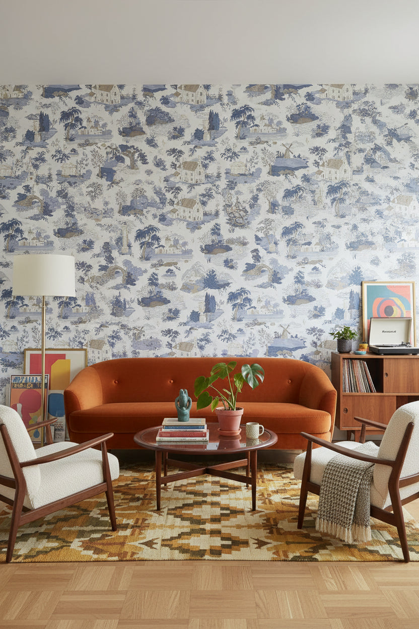 Pastoral Köy Manzaralı Duvar Kağıdı Mavi Beyaz Salon