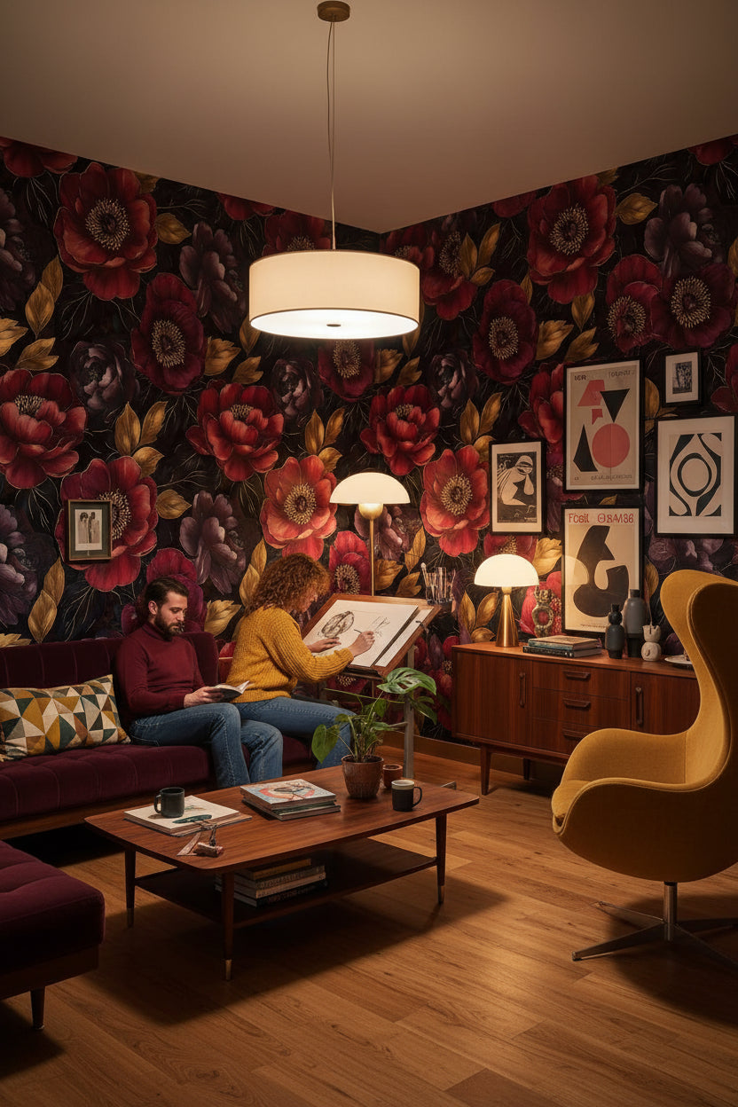 Bordo Büyük Çiçekli Duvar Kağıdı Koyu Zemin Salon