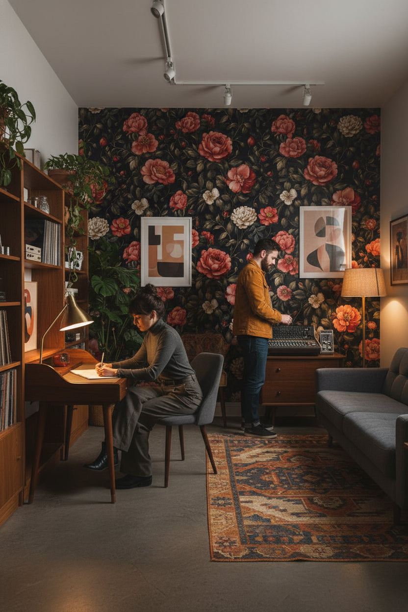 Koyu Zemin Kırmızı Güllü Duvar Kağıdı Vintage Salon