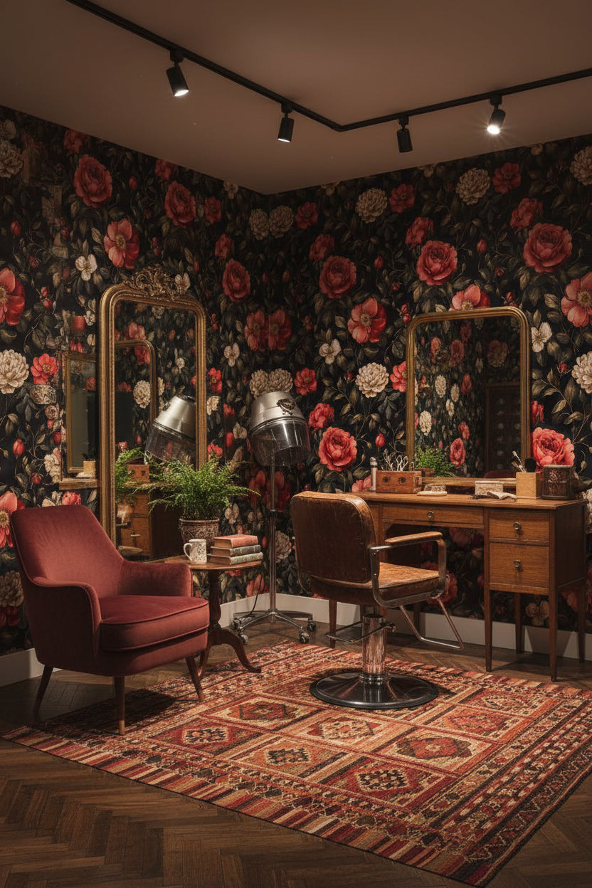 Koyu Zemin Kırmızı Güllü Duvar Kağıdı Vintage Salon