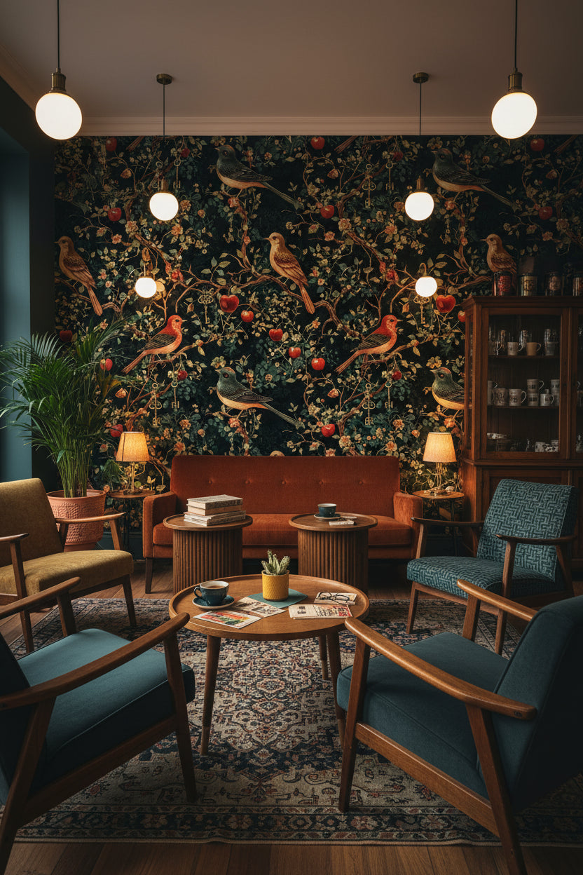 Kuşlu ve Anahtarlı Duvar Kağıdı Koyu Yeşil Vintage Salon