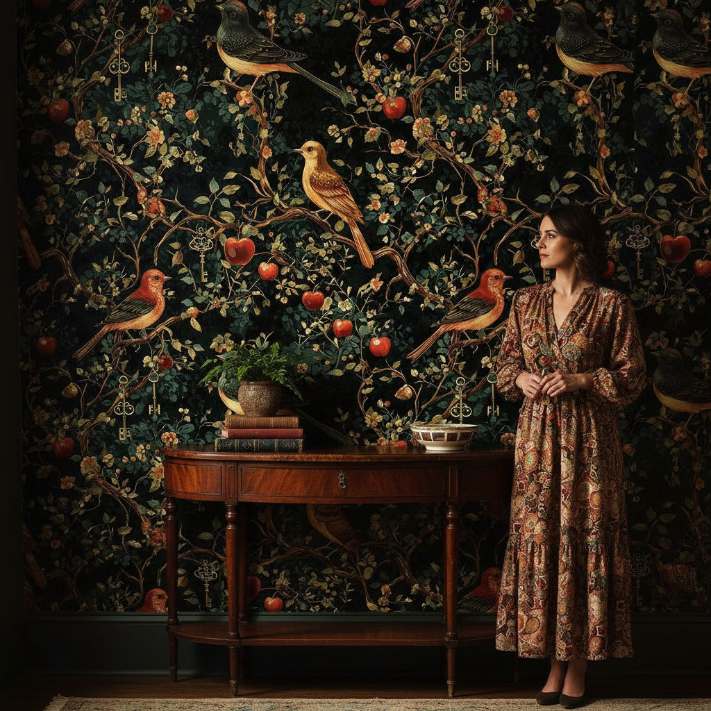 Kuşlu ve Anahtarlı Duvar Kağıdı Koyu Yeşil Vintage Salon