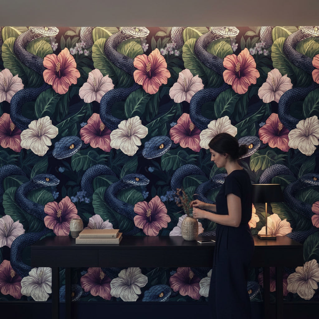 Yılanlı Çiçek Desenli Duvar Kağıdı Lacivert Botanik Salon