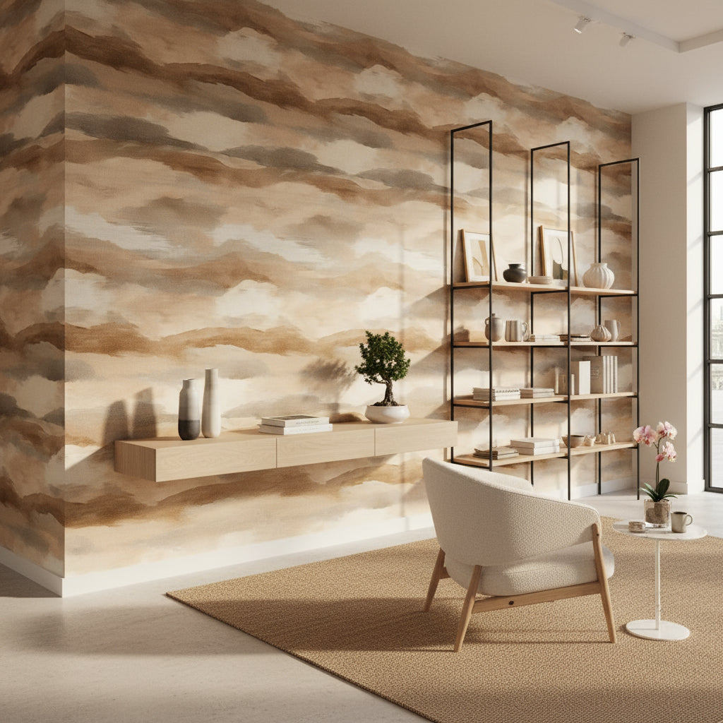 Soyut Bulut Görünümlü Duvar Kağıdı Bej Kahverengi Salon