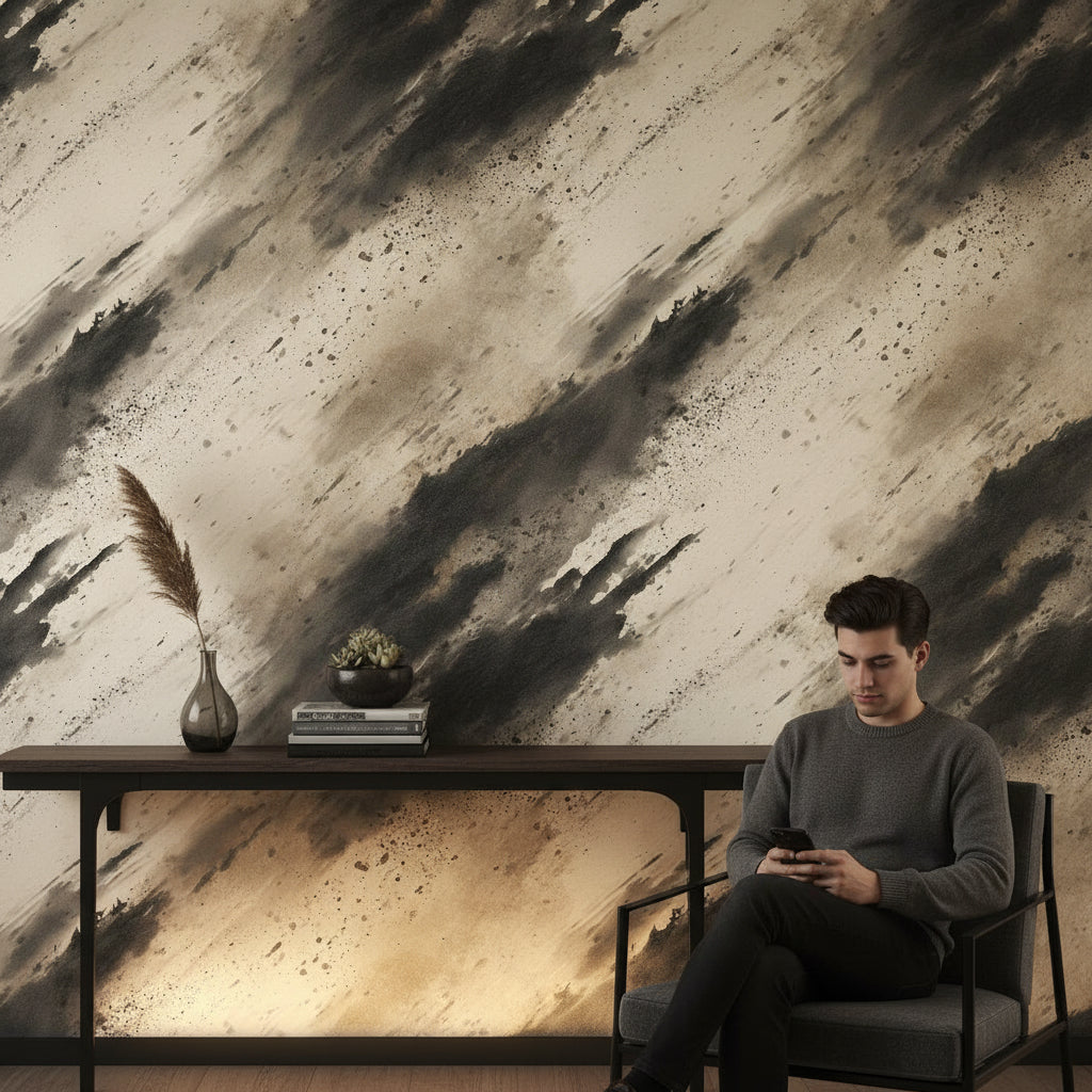 Soyut Fırça Darbeli Duvar Kağıdı Bej Siyah Salon