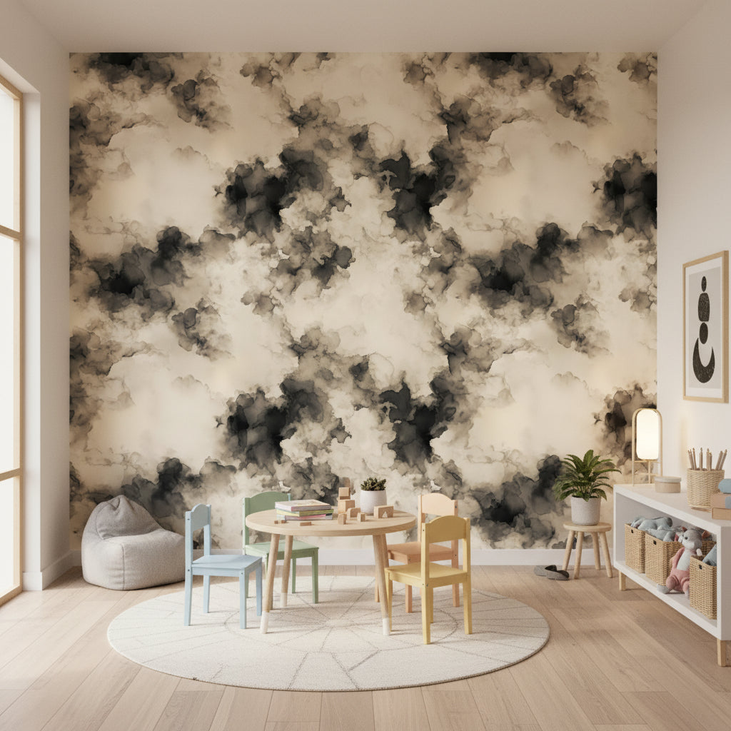 Soyut Bulut Desenli Duvar Kağıdı Siyah Bej Salon