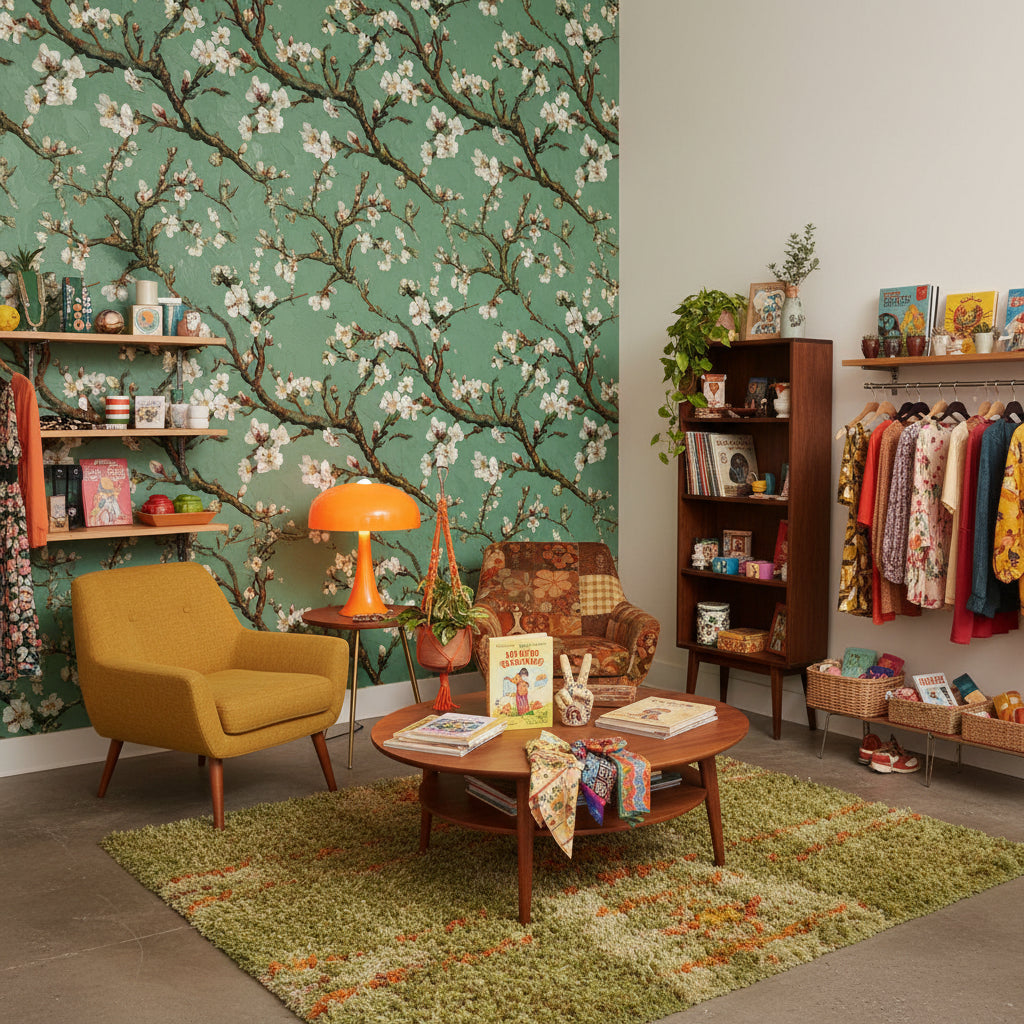 Beyaz Çiçekli Dallı Duvar Kağıdı Yeşil Vintage Salon