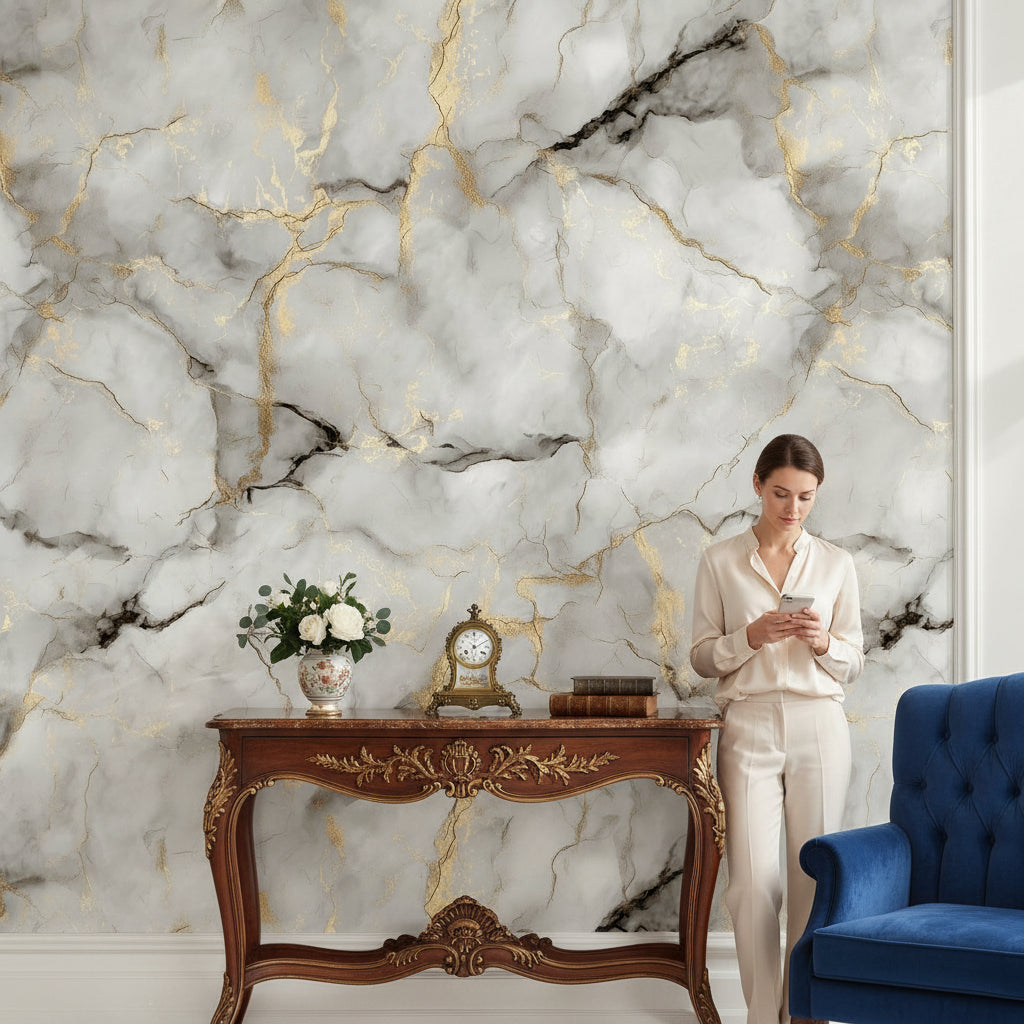Beyaz Mermer Desenli Duvar Kağıdı Altın Damarlı Salon