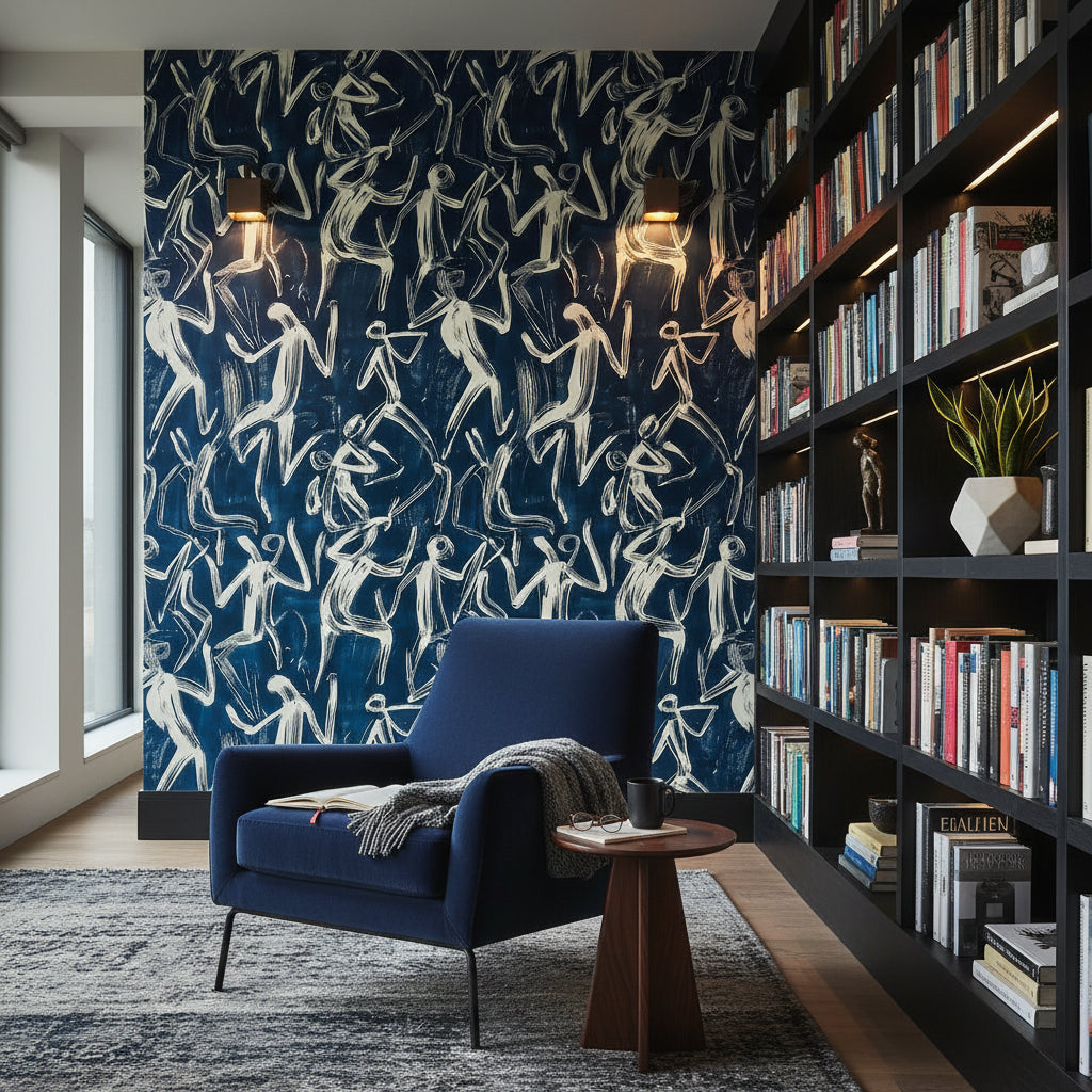 Soyut Figürlü Duvar Kağıdı Lacivert Çizim Desen Salon