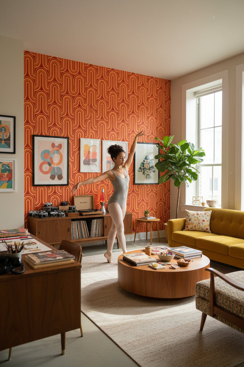 Retro Geometrik Duvar Kağıdı Turuncu Kırmızı Desenli Salon