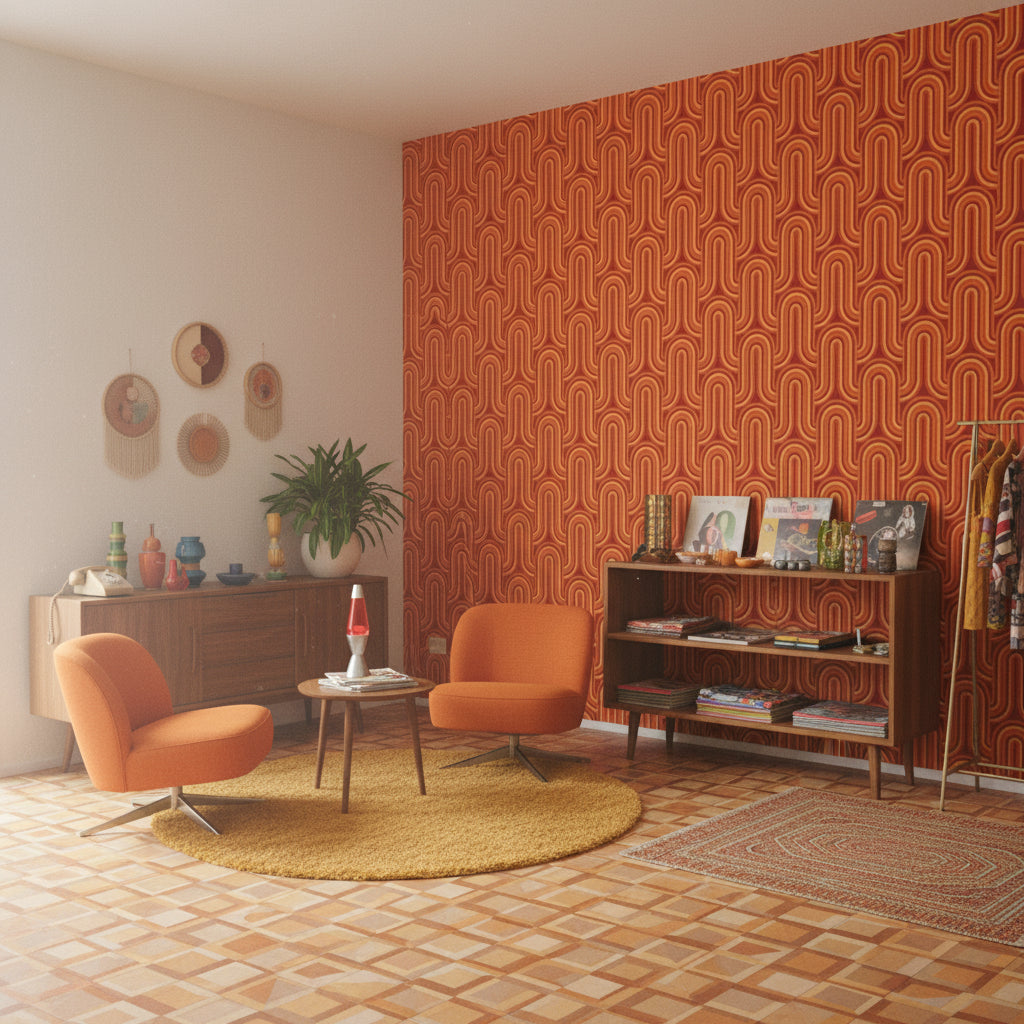 Retro Geometrik Duvar Kağıdı Turuncu Kırmızı Desenli Salon