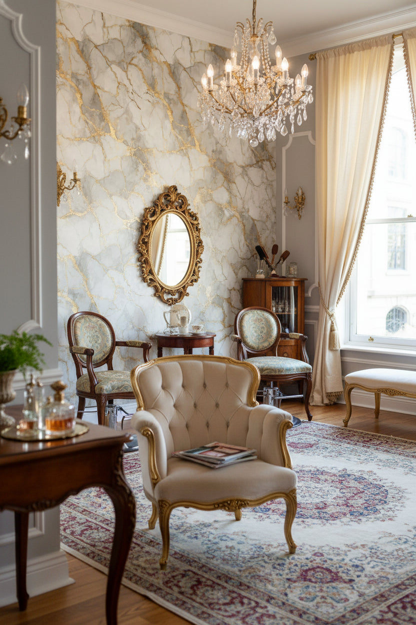 Gri Mermer Efektli Duvar Kağıdı Altın Damarlı Salon