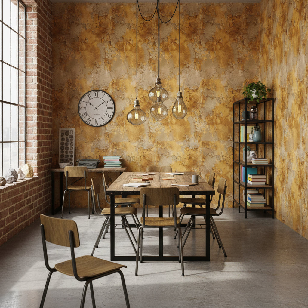 Eskitme Sıva Desenli Duvar Kağıdı Sarı Bej Salon
