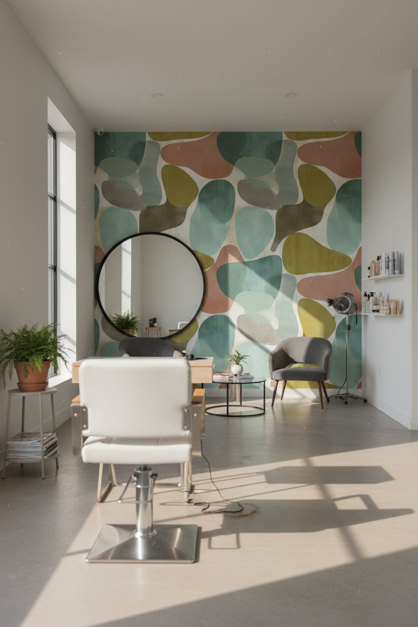 Soyut Geometrik Duvar Kağıdı Yeşil Bej Salon