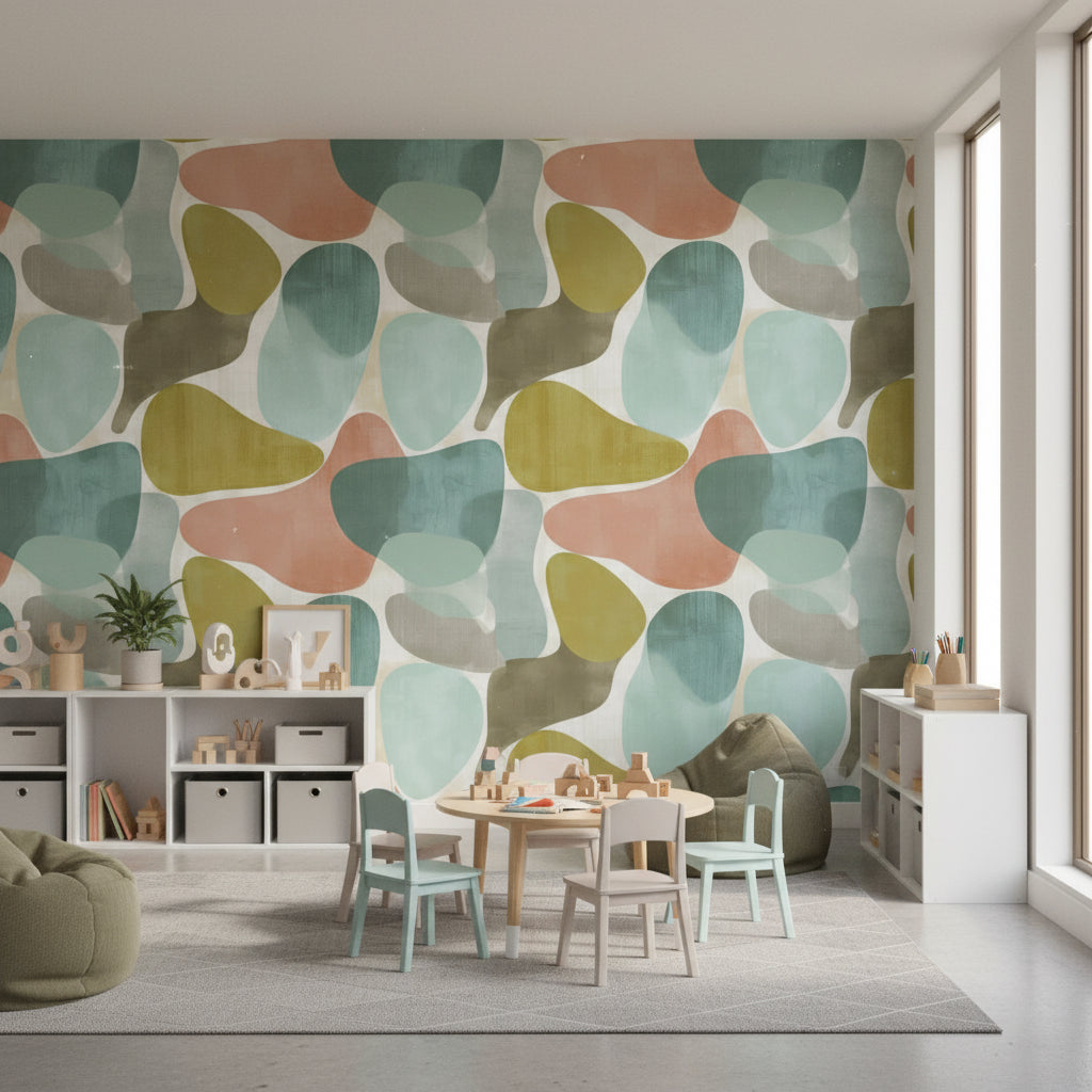 Soyut Geometrik Duvar Kağıdı Yeşil Bej Salon