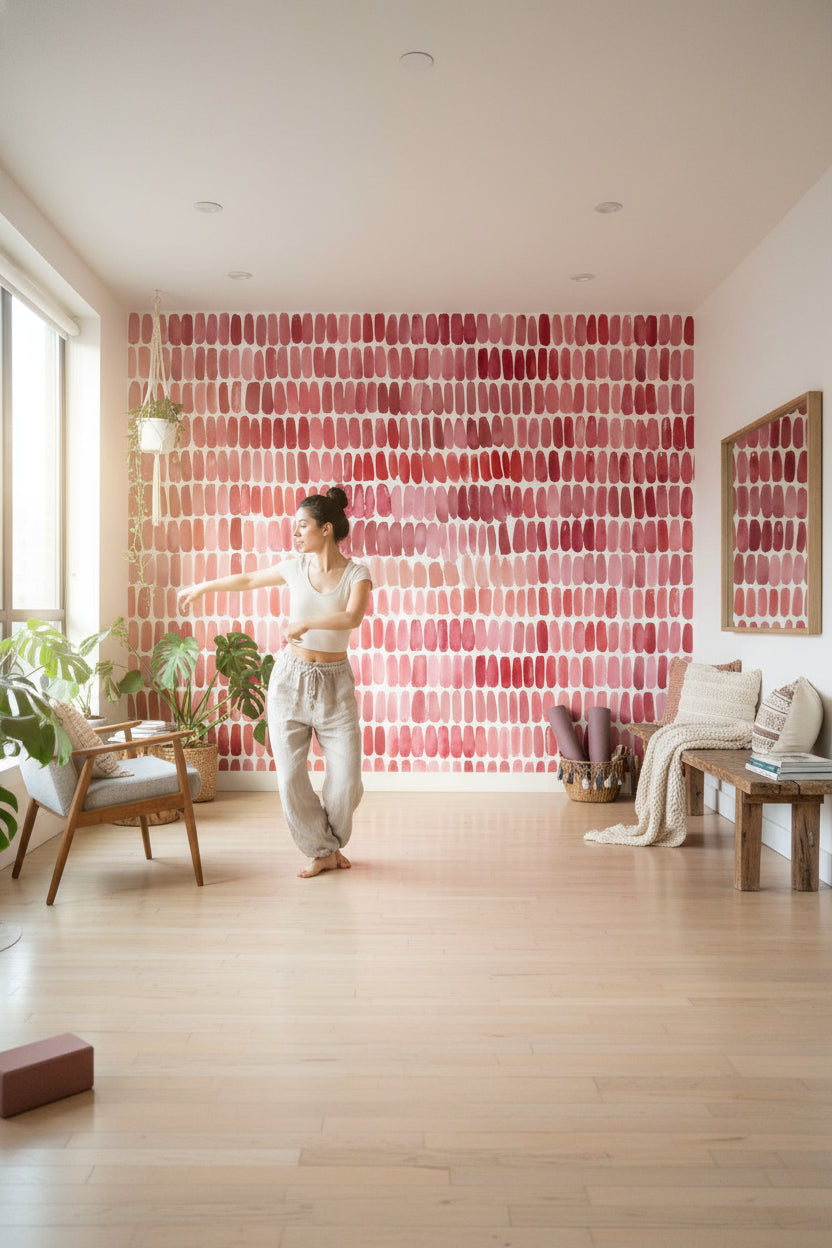 Soyut Fırça Darbeli Duvar Kağıdı Pembe Tonlu Modern Salon