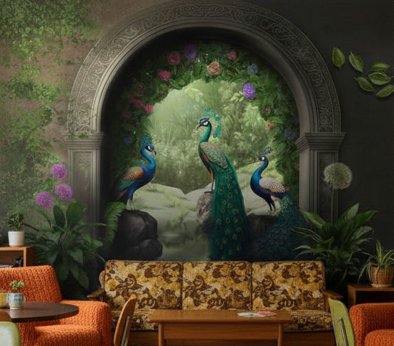 Tavus Kuşlu Bahçe Poster Duvar Kağıdı Yeşil Salon